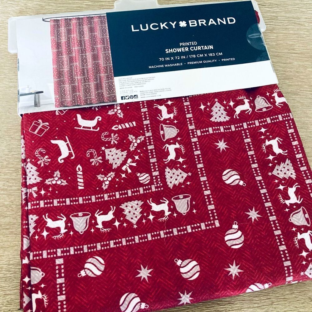 Lucky Brand Red Reindeer Print Christmas Fabric Shower Curtain